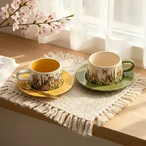 Aesthetic Floral & Cute Cat Ceramic Coffee Cup with Saucer Set, Vintage French Style Tea Cup for Home Cafe, 270ml/9oz Afternoon Tea Mug, Unique Gift for Her