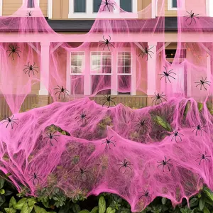 950 Sqft Halloween Pink Spider Webs Decorations with 50 Extra Fake Spiders, Super Stretchy Cobwebs for Halloween Decor Indoor and Outdoor