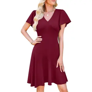 WEACZZY Casual Dresses for Women Flowy V Neck Ruffle Short Sleeves Flare Cocktail Party Dress Asymmetry Ruffle Hem
