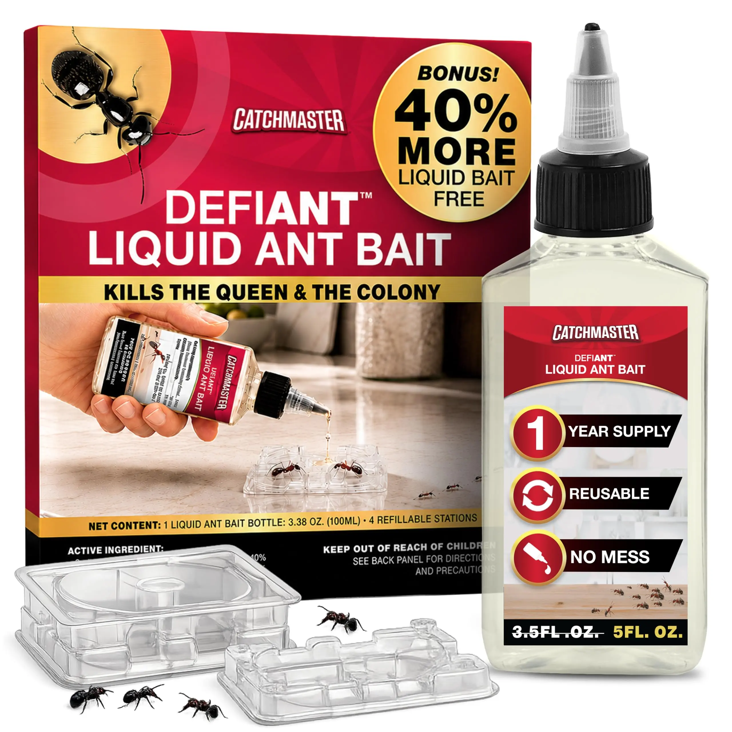 Household Liquid Ant Killer Bait Kit with Refillable Bait Stations, Precision Bottle, 1-Year Supply, Indoor-Outdoor Ant Control That Kills the Queen and Colony