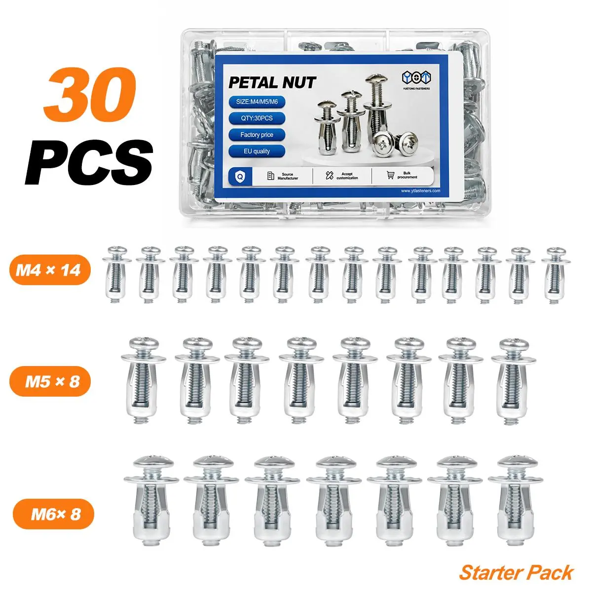 30-Piece M4/M5/M6 Petal Jack Nut Starter Set, Zinc-Plated Carbon Steel Threaded Anchors for Thin Metal, Plastic & Plywood