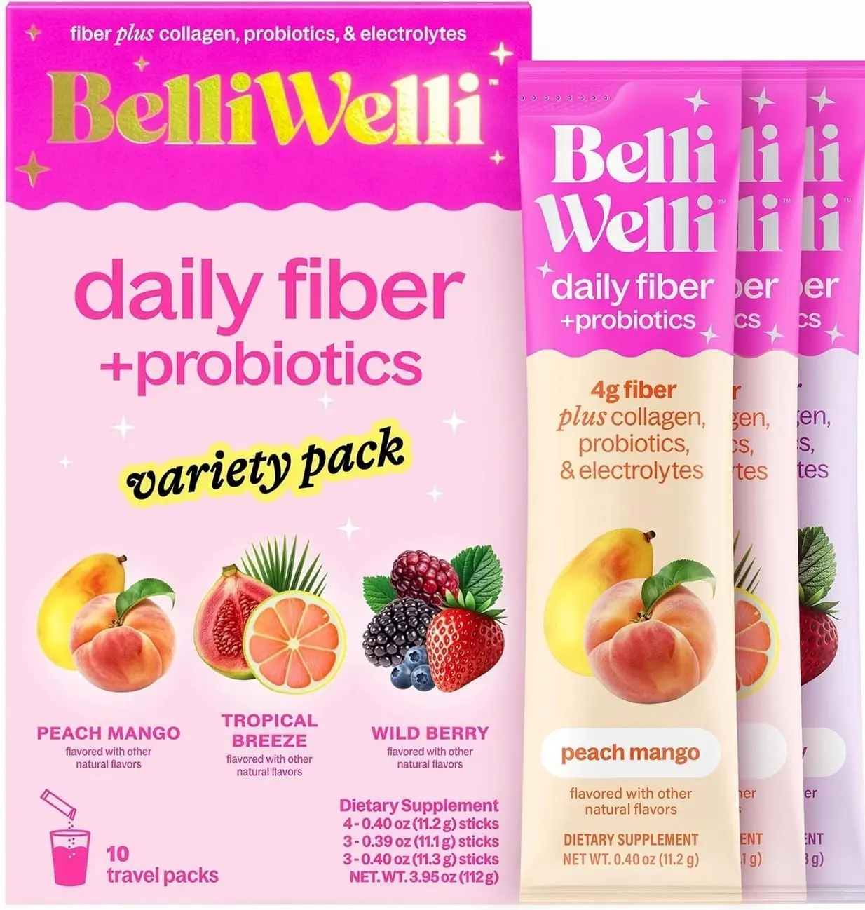 Belli Welli Fiber Supplement, Probiotics Fiber Powder Travel Pack for Women with Collagen & Electrolytes for Daily Gut Health & Debloating, Variety Pack, 10 Packets