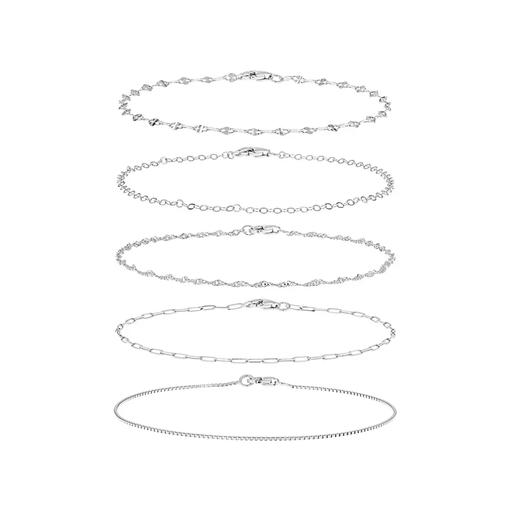 JTV Sterling Silver Rolo, Mirror, Paperclip, Box, and Singapore 7.25" Bracelet Set of 5