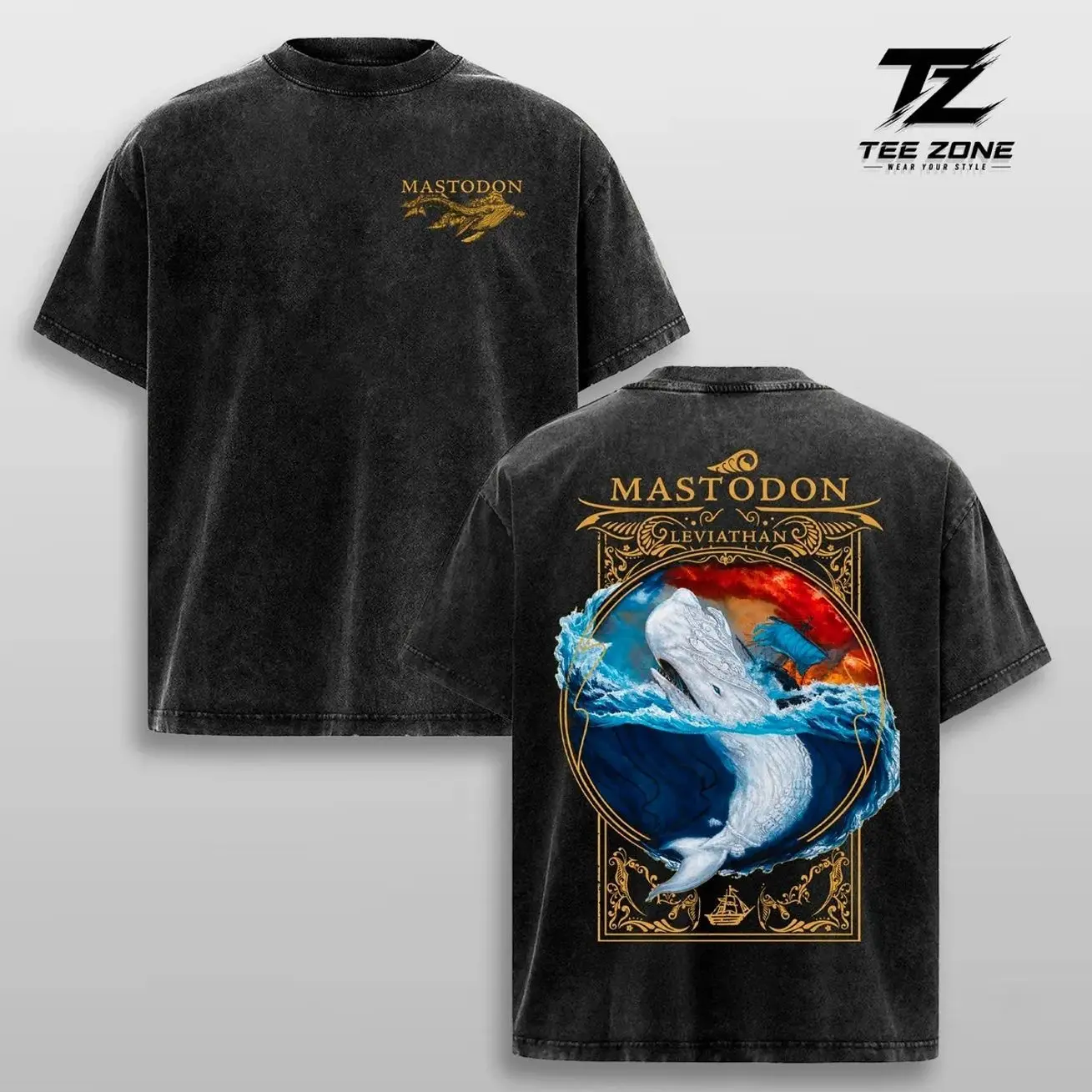 Mastodon Leviathan Acid Wash Oversized Heavyweight Cotton Graphic T-Shirt Vintage Progressive Metal Concert Merch Streetwear 1O8