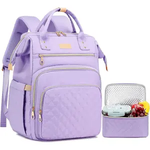 Lunch Backpack for Women, 15.6 inch Laptop Backpack with Insulated Cooler Lunch Bag Set for Lunch Box Work Backpack for Travel Nurse Teacher, Purple