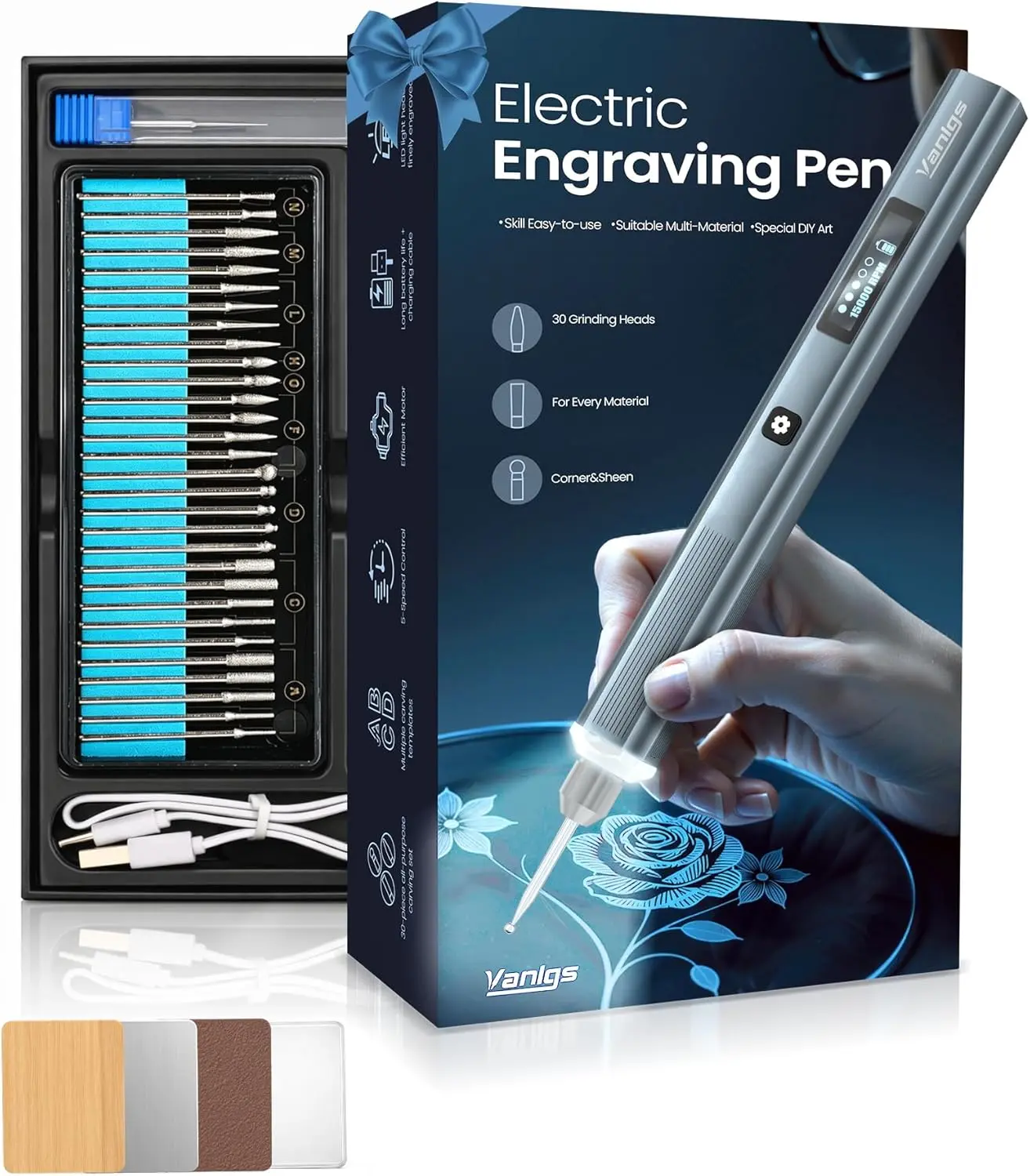 Engraving Pen for, Wood,,, DIY Etching Tool with LED Light, 5 Variable Speed, 31Bits Gifts for Teens Adults Beginners (Grey Pro).