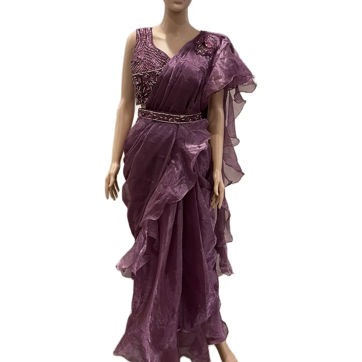 Women's Pre-Draped Ready-to-Wear Traditional Saree - Gorgeous Elegant Style, Matching Blouse & Belt Accessories, Ruffle Accents, Lightweight Premium Fabric, Flattering Fit, Formal & Everyday Costumes, Clothes, Overall, Casual, Embroidery, 38 Inches Bust,,