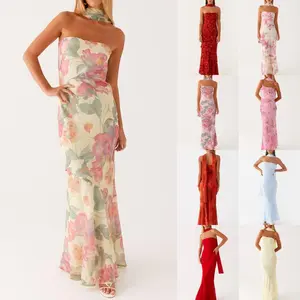 Women Floral Off Shoulder Long Tube Dress With Scarf, Elegant Bodycon Long Dress for Party Dating, Ladies Dress for Indoor Outdoor Wear, Ladies Maxi Dress for Daily Wear