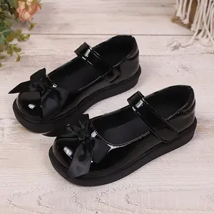 Girls' Black Shiny Loafers with Bow Detail - British Style Comfortable Soft TPR Sole, Spring/Summer/Autumn Casual Shoes, Children's Daily Wear-Resistant Non-Slip Shoes