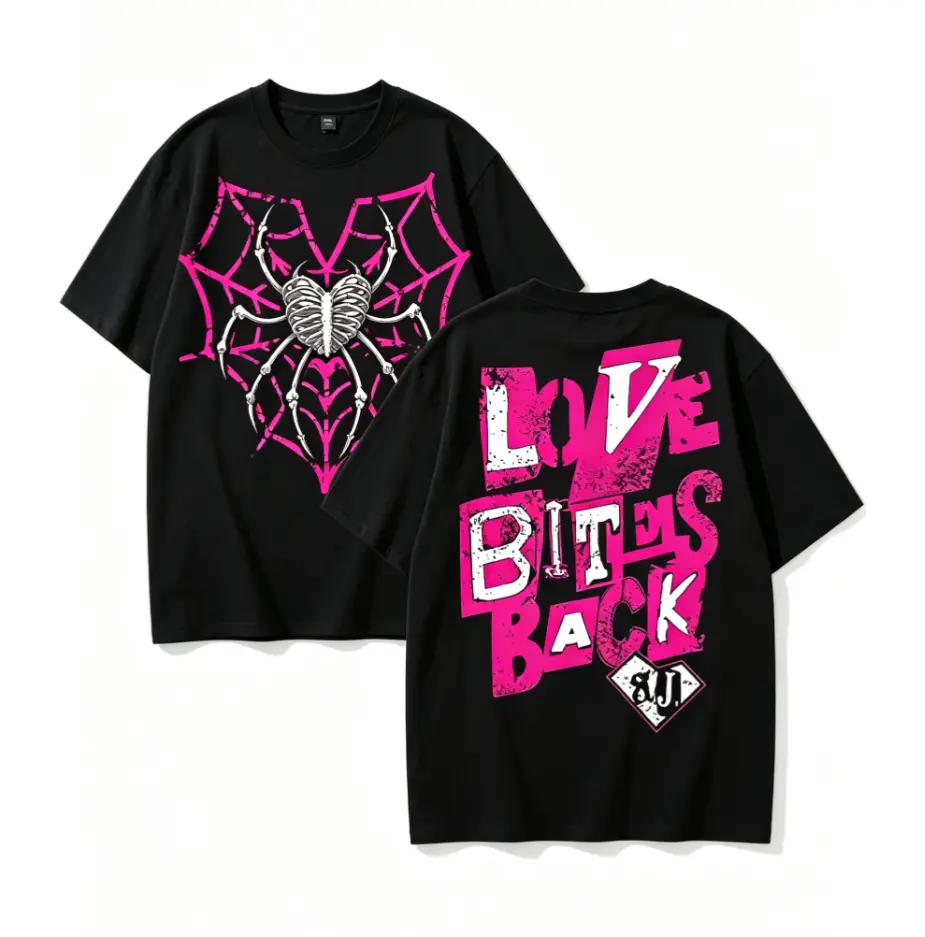 Unisex 100% Cotton Skeleton Spider Double‑Sided Print T‑Shirt Y2K Punk Casual Short‑Sleeve Tops