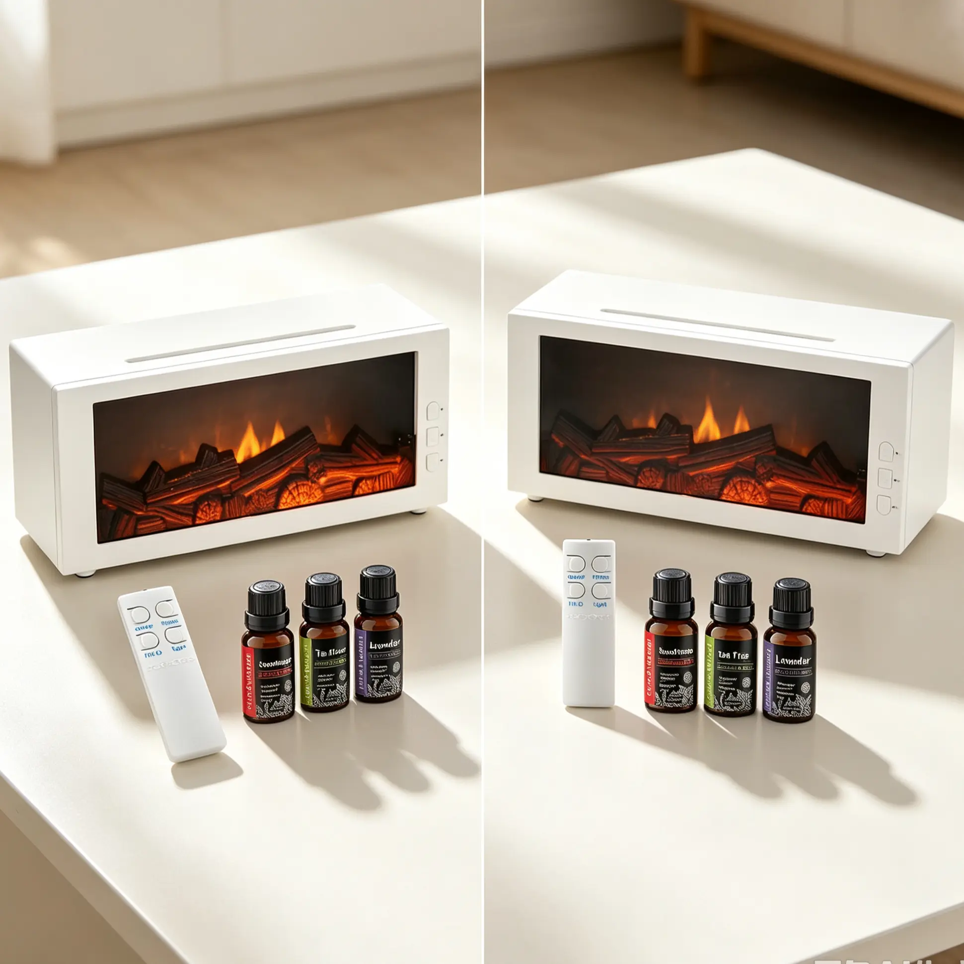 2Pcs Fireplace Flame Aromatheraphy Diffuser Set with 6 Essential Oils, 300ML Ultrasonic Humidifier Remote 7 Color Flame Night Light 1/3/5H Timer Auto-Off for Home Decor Gift