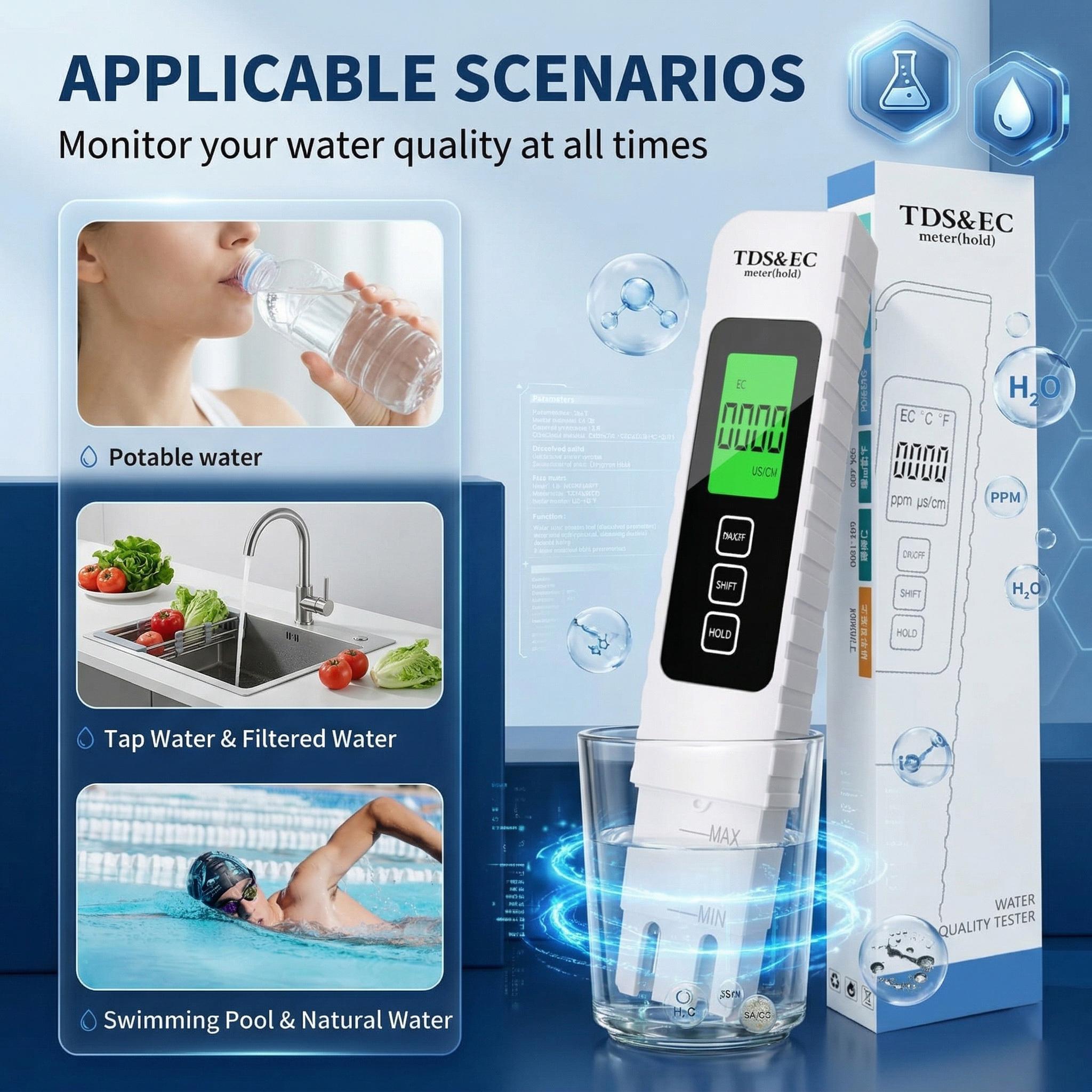 2pcs 4in 1 Digital Water Quality Tester TDS/EC/Temperature(°C/°F)TDS Meter (0-9999 Ppm)Accurate and Professional for Drinking Water, Hydroponics, Aquariums, RO Systems, Pool