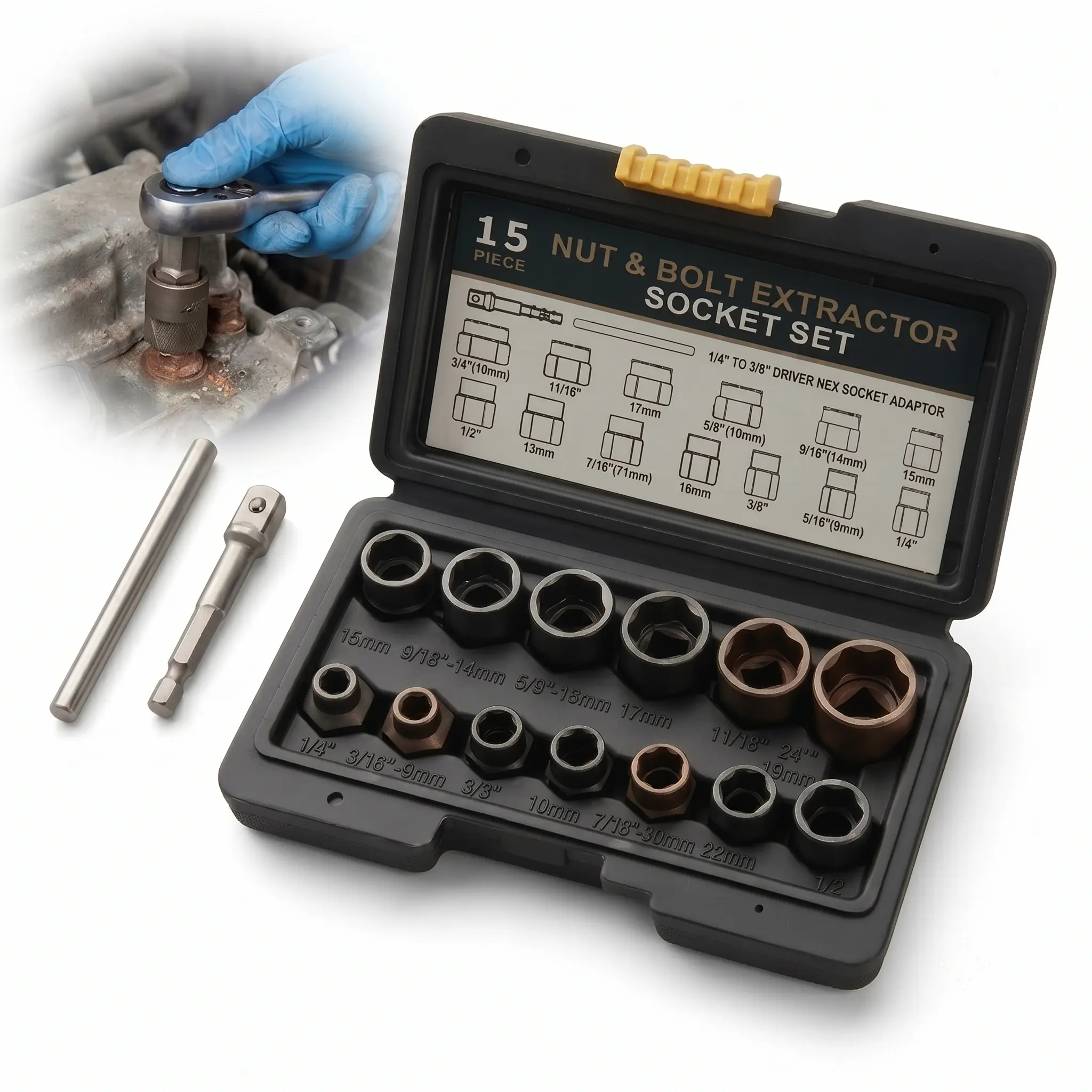15PCS 3/8" Drive Nut & Bolt Extractor Tool Kit Set, High-Hardness Remover Hand Tools for Mechanics, Rusted or Frozen Fasteners, Father's Day Gift