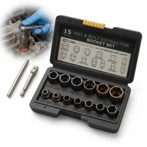 15PCS 3/8" Drive Nut & Bolt Extractor Tool Kit Set, High-Hardness Remover Hand Tools for Mechanics, Rusted or Frozen Fasteners, Father's Day Gift