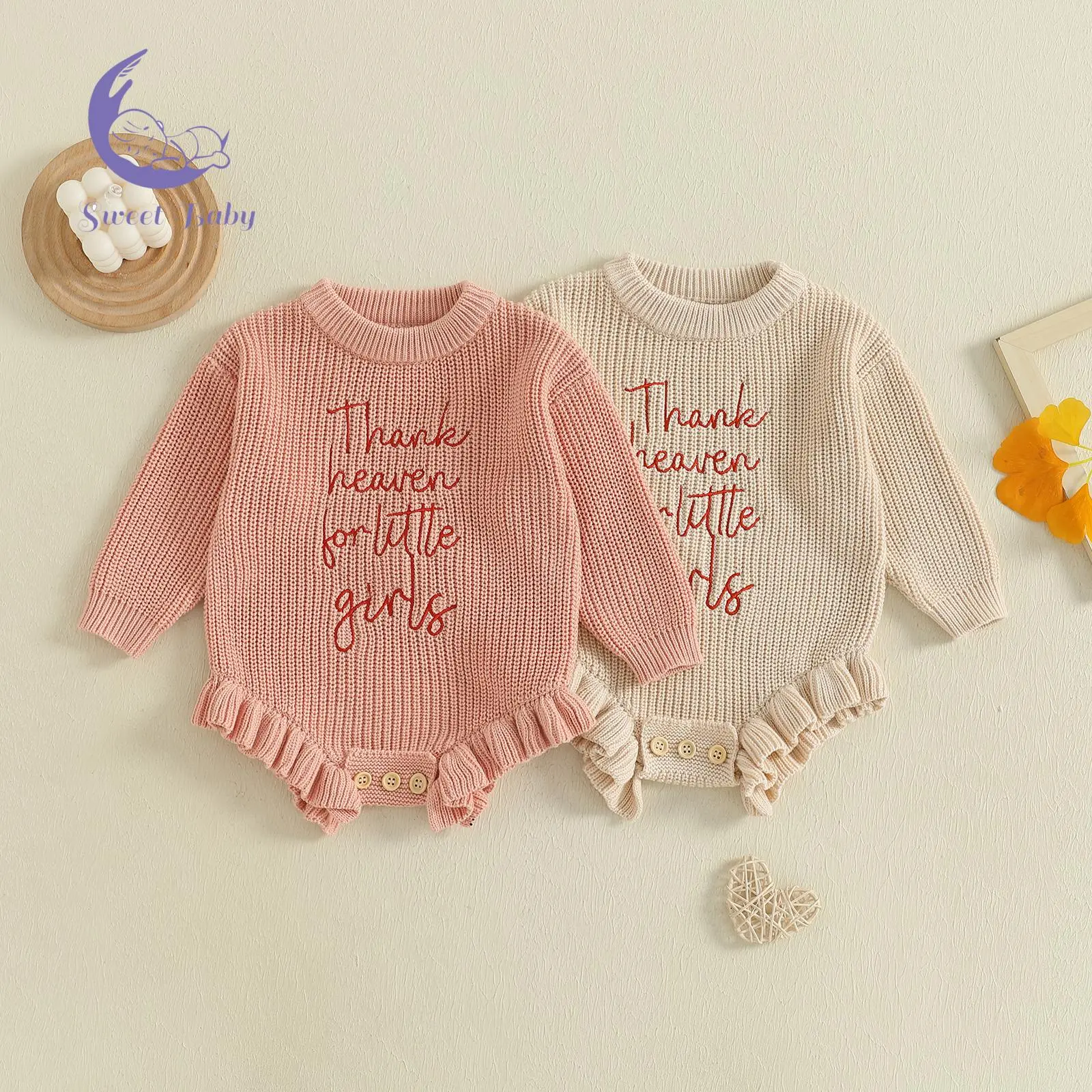 Baby Girls' Cotton Blend Romper - Crew Neck, Long Sleeve, Letter Print, Ruffle Hem Fall Bodysuit Jumpsuit, One-Piece Romper