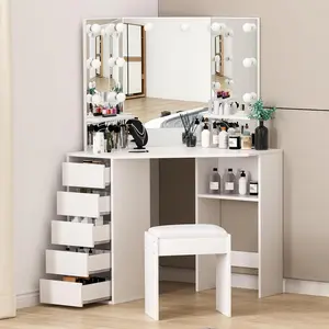 Corner Makeup Vanity Desk with Mirror & Lights, Adjustable 3-Color Brightness, Power Outlet, Includes Stool, Dark White Finish for Girls