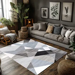 Light Blue Grey Black White Triangle Geometric Crystal Velvet Area Rug Non‑Slip Minimalist Modern Living Room Rug#LightBlueTriangleRug #GeometricPatchworkRug #MinimalistHomeDecor #ContemporaryCarpet #CrystalVelvetRug