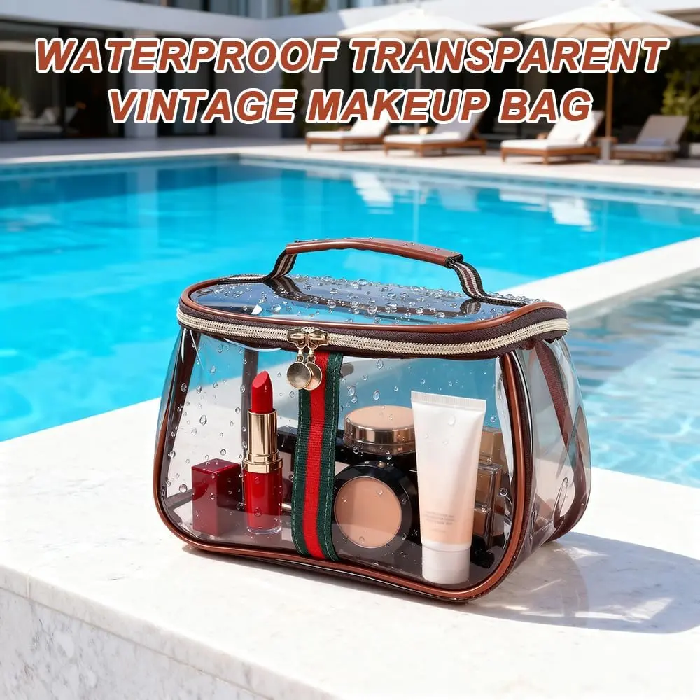 New Retro Vintage Vanity Bag, Clear Makeup Organizer with Handle | Large Capacity Water Resistant Cosmetic Toiletry Bag for Women, Travel Skincare Storage Case, Vintage Makeup Pouch