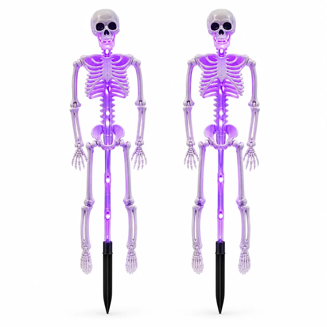 Halloween solar-powered skeleton frame glowing outdoor stake light, atmosphere decoration prop, creates ambiance, abstract style, festive, fun