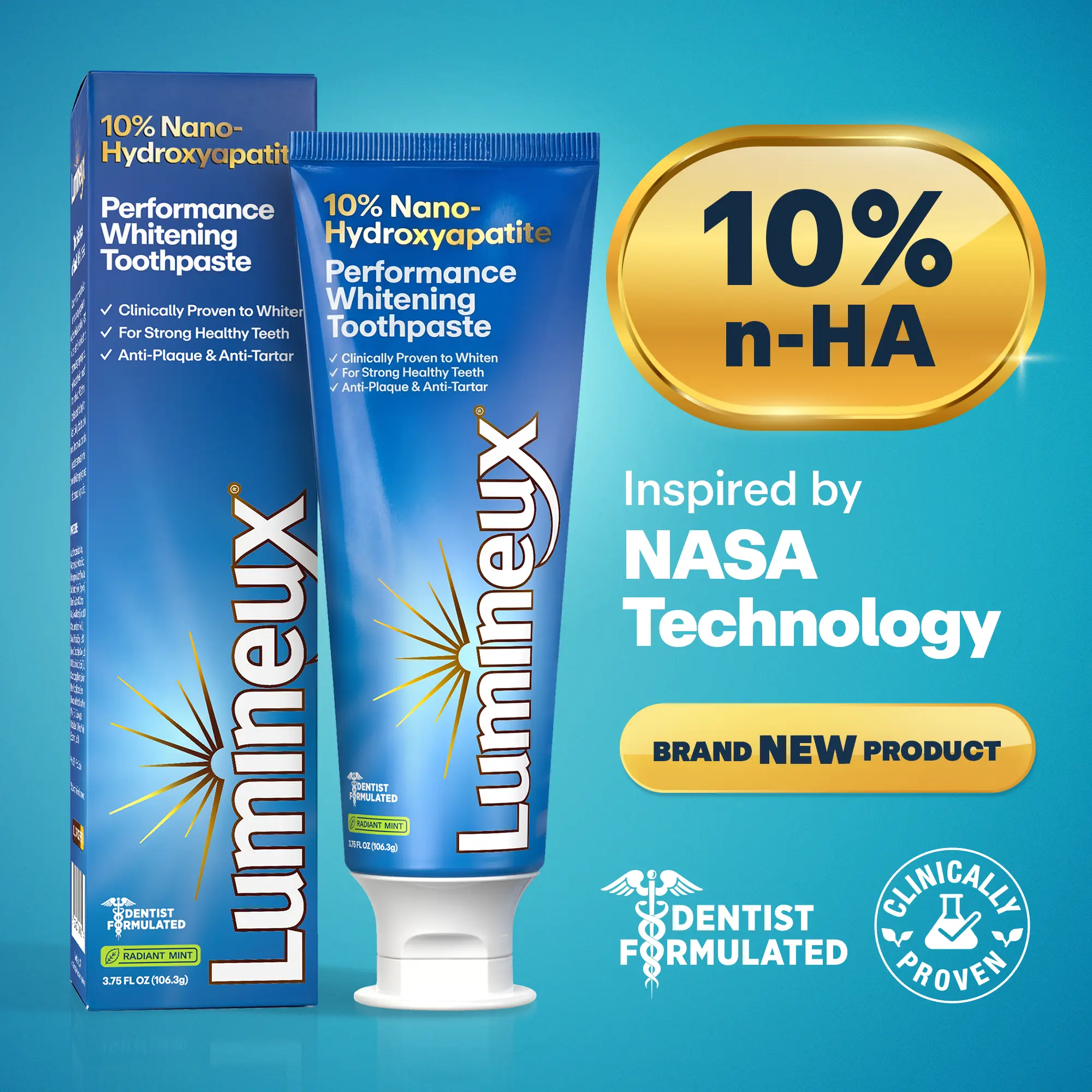 Lumineux 10% Nano Hydroxyapatite Performance Whitening Toothpaste - Fluoride Free & Gentle Whitening - Clinically Supported & NASA-Developed nHA for Strong Enamel & Bright, Smooth Teeth (3.75 oz) Radiant Mint Dentist Formulated