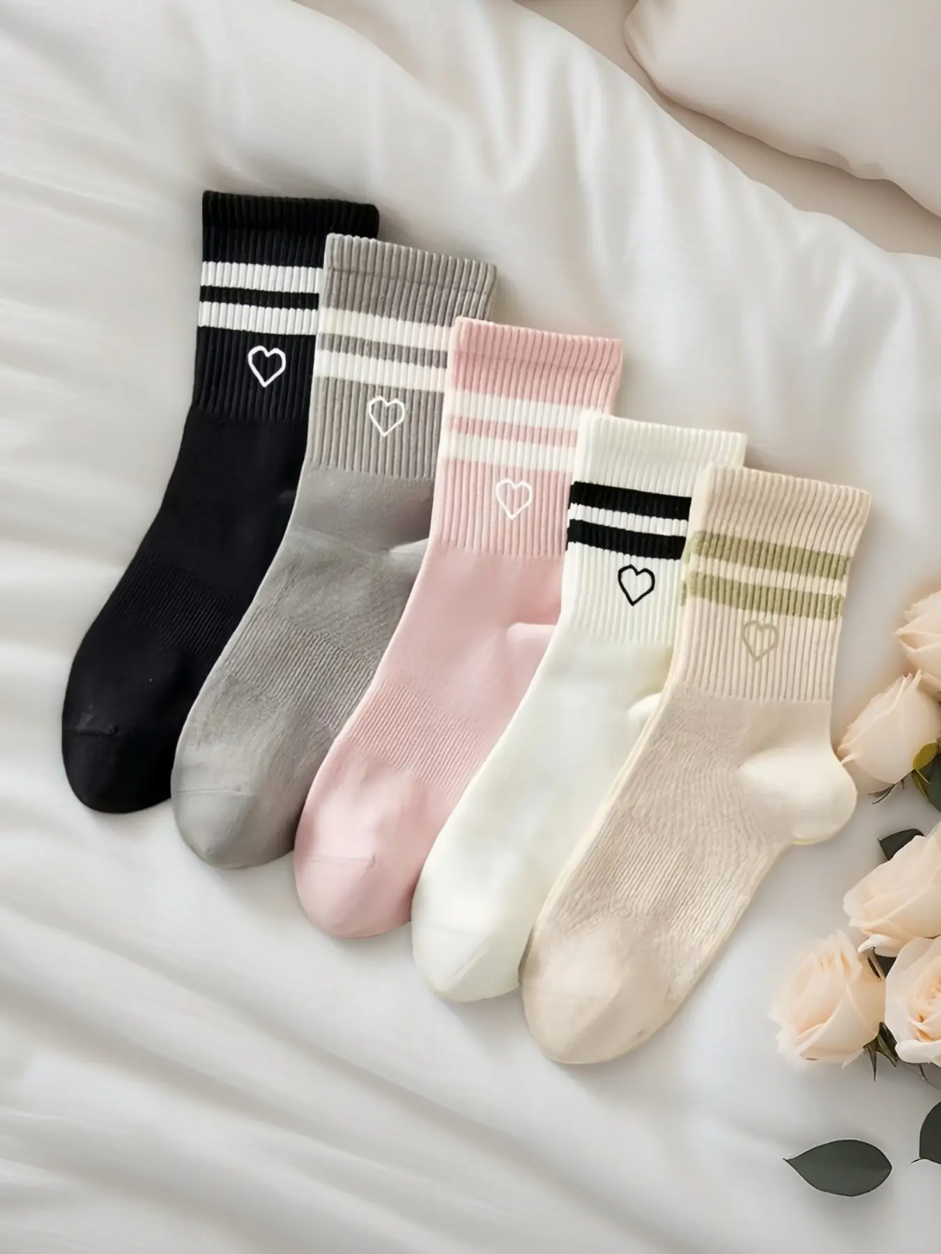 5 Pairs Striped Heart Pattern Mid-Calf Fitted Couple Knitted Socks, Unisex All Season Everyday Casual Style, Cute Valentine's Day Gift
