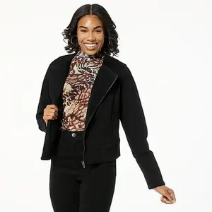 DG2 by Diane Gilman New Classic Stretch Denim Collarless Moto Jacket