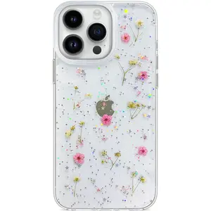 for iPhone 15 Pro Max Case Clear Glitter Pink Preed Flower Cute Design Bling Sparkly Stars TPU Real Dried Floral Aesthetic Protective Shockproof Women Girl's Phone Cover (Pink Gypsophila)