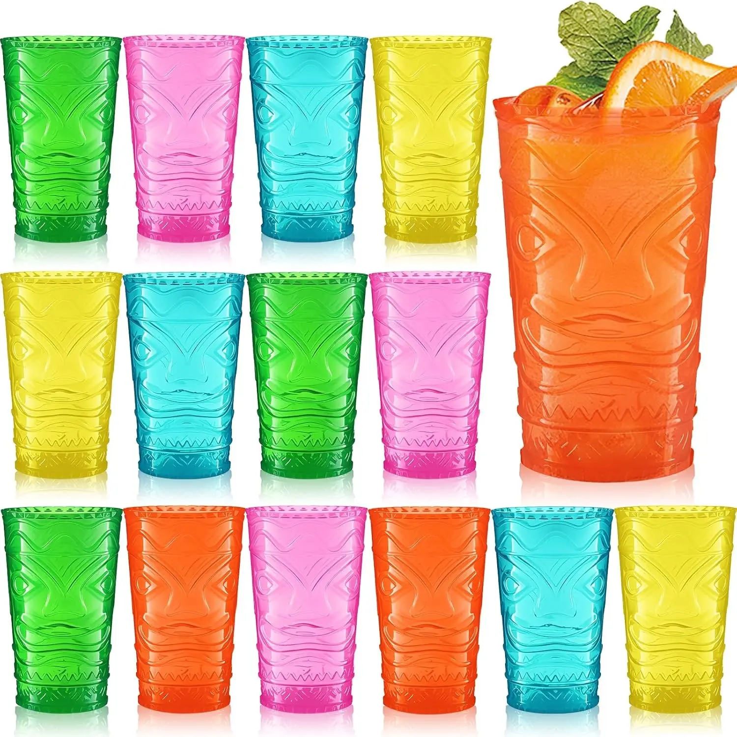 15 Pcs 14 oz Bulk Hawaiian Tiki Glasses, Tropical Embossed Reusable Plastic Cups for Cocktails, Reusable Bar Drinkware for Mai Tai, Pool, Luau Beach Party Supplies, Multicolor