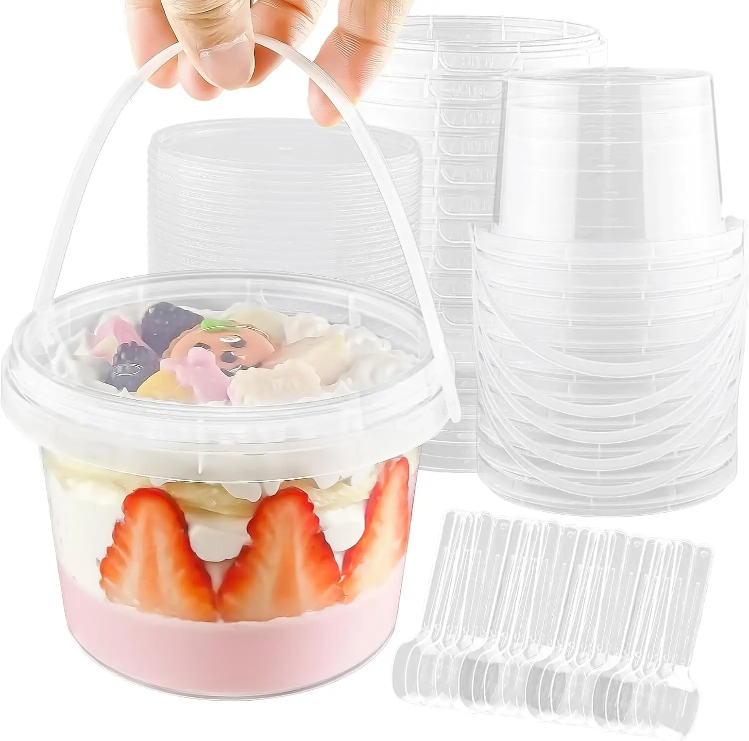 20 Pack 16oz Large Plastic Dessert Cups with Lids & Spoons, Clear Disposable To Go Containers with Portable Handle for On-The-Go Fruit/Parfait/Ice Cream/Jello/Pudding/Cake/Snack/Milkshake/Cookie Can Shaped Cups Cocktail Cups Bucket