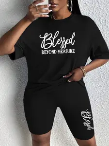 Summer Women's Sleepwear Set, Casual Round Neck Short Sleeve Letter Print Pajamas, Comfortable Home, Elegant Bike Pants