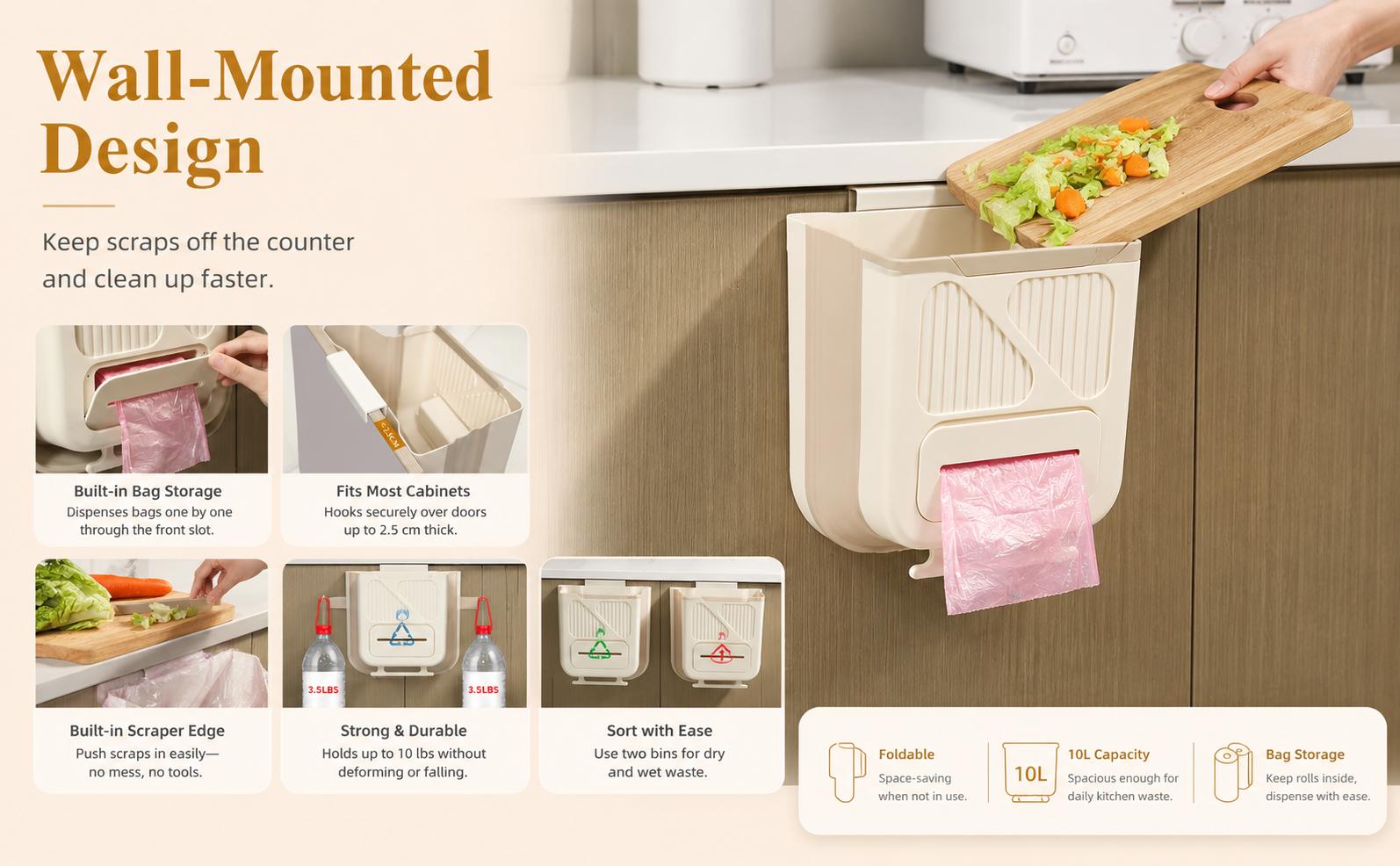 Foldable Wall-Mounted Kitchen Trash Can, Hanging Garbage Bin for Cabinets, Space-Saving Kitchen Accessory, No-Install Household Trash Can for Kitchen Large Capacity Tilt Out