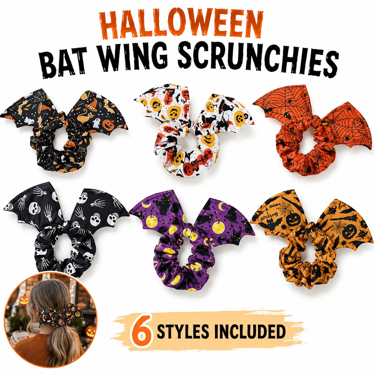 6 Pcs Halloween Bat Wing Bow Scrunchies, Fashion Cute Pumpkin Ghost Spider Web Print Elastic Hair Bands, Soft Stretch Non Slip Hair Accessories for Women Girls, Halloween Thanksgiving Christmas New Year Holiday Gift - MM2