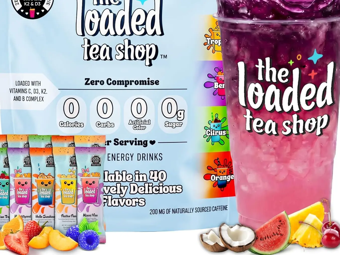 The Loaded Tea Shop Energy Powder Packets - Sugar Free Drink Mix Sticks with 200mg Natural Caffeine & B Vitamins  Flavor Discovery 10 Pack