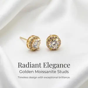 Women's Ear Pendants - Gold-edged Moissanite Ear Pendants, featuring classic six-prong circular setting. A gift for your girlfriend on Mother's Day. Elegant flat ear pendants with a simple and stylish design.  Chunky Rounded Huggie Hoop Earrings