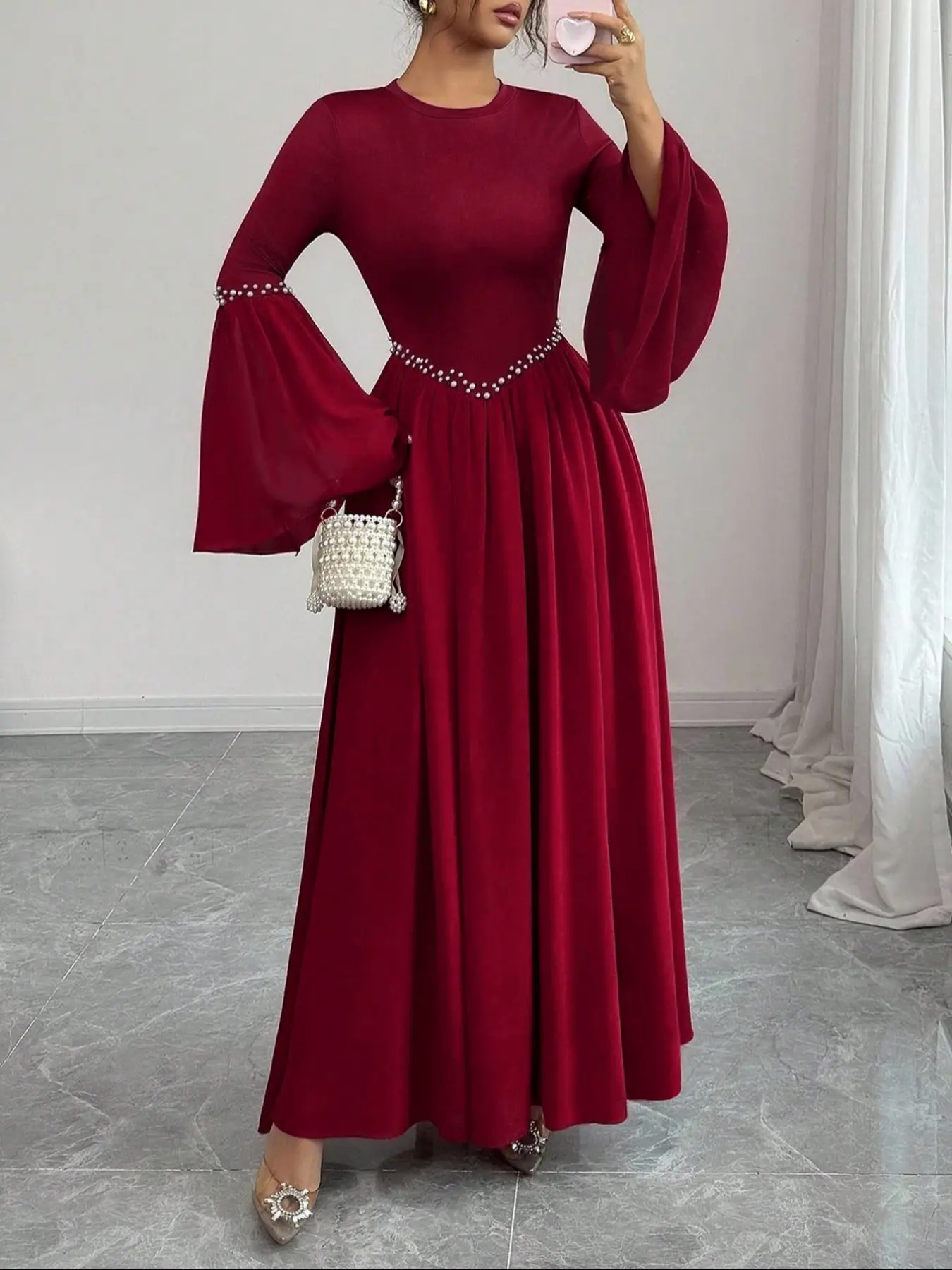 Elegant Women's Long Sleeve Bell Sleeve Maxi Dress, Pearl Round Neck Waist Cinching Flared Hem, Stylish and Slimming Fashion, Long Sleeve Dresses - TikTok Shop Elegant Women's Long Sleeve Bell Sleeve Maxi Dress, Pearl Round Neck Waist Cinching Flared Hem, Stylish and Slimming Fashion, Long Sleeve Dresses - TikTok Shop