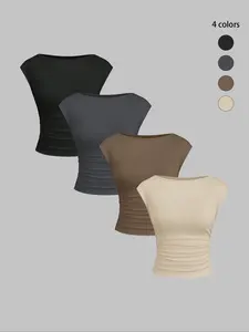 Women's Summer Fashion Casual Knitted Round Neck Sleeveless T-Shirt Set, Slim Fit Ruched Design, 4 Piece, Camisole Set