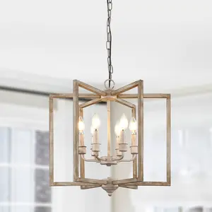 6 Lights 20.1" French Country Wooden Chandelier with Adjustable Chain and Candelabra Bulb Base for Home Decoration