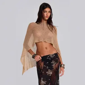 GoldKnittedHollowOutOne-PieceTopHalterNeckShawlMulti-WayVacationStyleAsymmetricKnittedCapeLongSleeveWomenswear