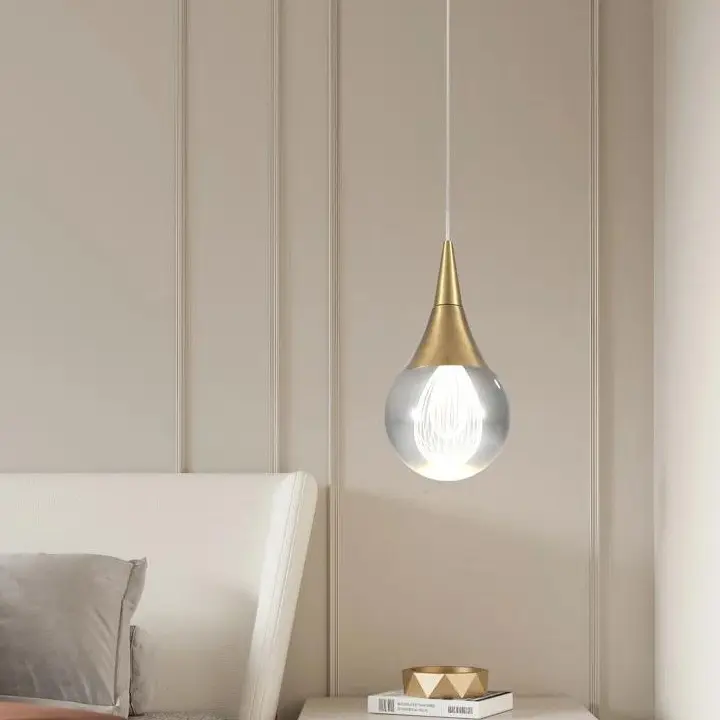 Garwarm 1-Light Teardrop Crystal Pendant Light, Gold Globe Ceiling Hanging Light Fxitures, LED Raindrop Light Fixtures Metal Rod Ceiling Glass Pendant Lighting for Kitchen Island Dining Room Bar