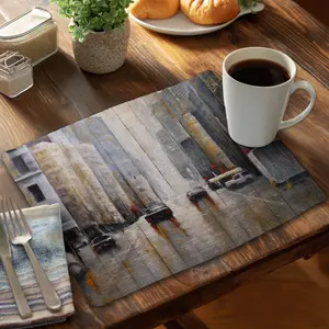 360 Stand Brown Braided Polyester Rectangular Placemat - 14x18 in, Cars Motif Urban Theme Morning Rain Design, Home Household Kitchen Decorative Placemat Dinnerware Table Accessory, Tableware, Household Placemat