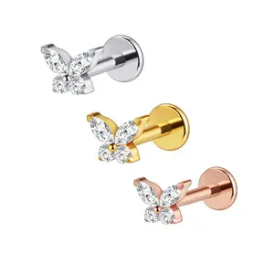 Shengning Titanium Butterfly Gem Internally Threaded Flatback Ring for Piercings White Stud