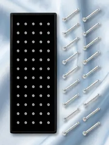 60 Pcs Glossy Silvery Slant L-Shape Unisex Nasal Piercing Bars for Women Men Regular Diameter Sizes 1.5/2/2.5mm Radiant Transparent Zircon Hypoallergenic Medical-grade Stainless Steel Harsh Resistant Permanent Wear Petite Tiny Bend Nasal Adornments