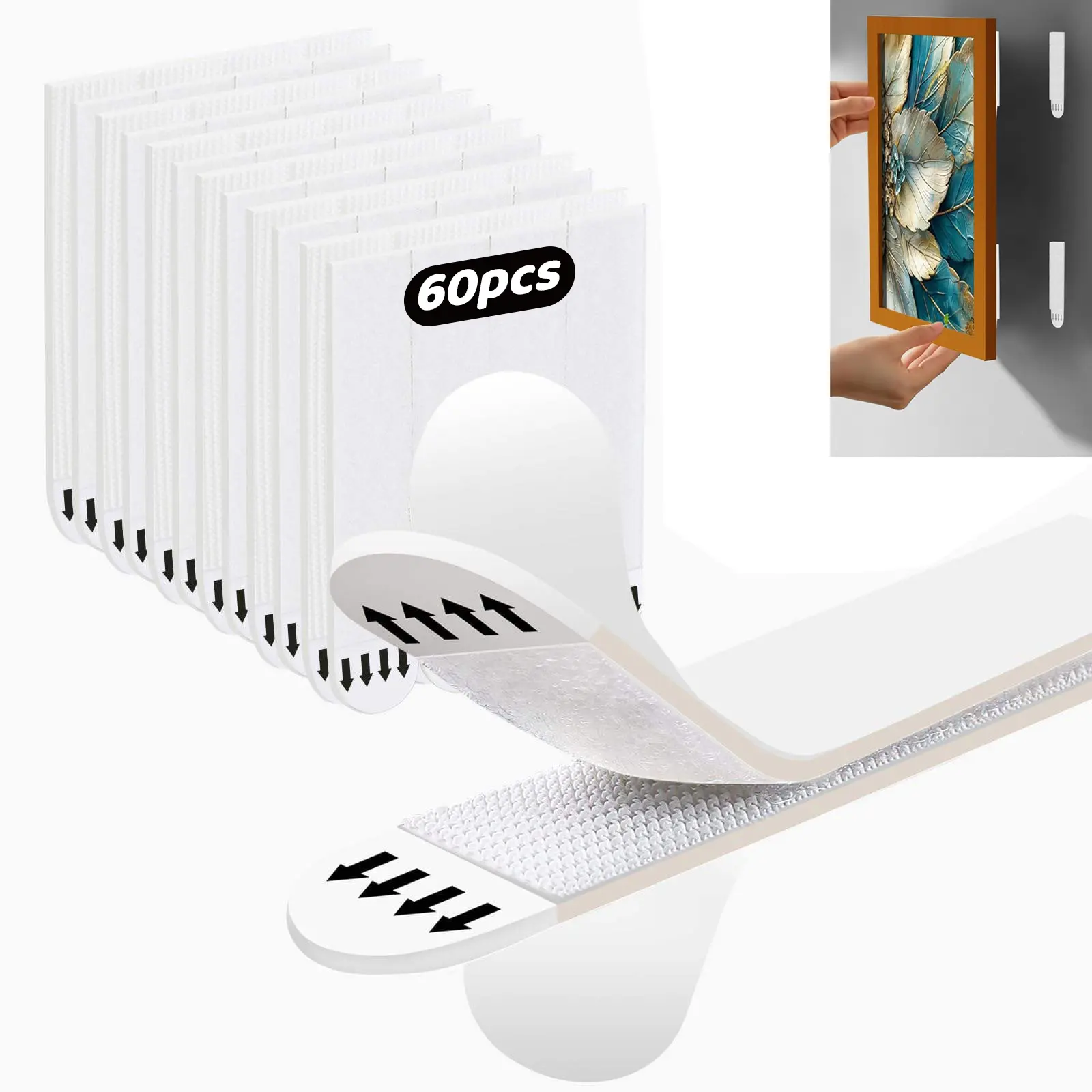 Damage Free Picture Hanging Strips, 60 Pairs Heavy Duty Hook and Loop Tape, Removable Adhesive Poster Hangers for Hanging Frames, Christmas Decorations