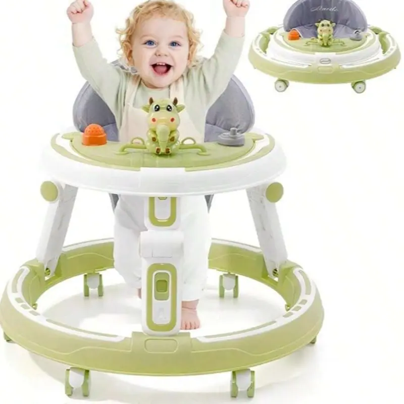3-In-1 Baby Walker Lime Green Height Adjustable Foldable Anti-Rollove with 7-Way Adjustment Quiet 360° Wheels Dining Tray Play Centre for Boys Girls 6+ Months