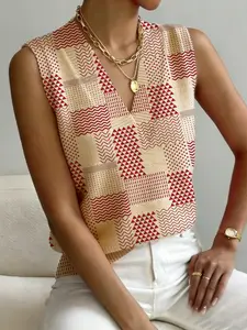 Women's Patchwork Geometric Print V-Neck Sleeveless Knit Sweater Vest, Casual Breathable Colorblock Top for Spring Summer Fall