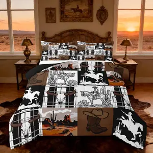 Western Decor Comforter Set Wild Western Cowboy Comforter Rodeo Cowboy Style Bedding Set Grunge Design Duvet Set Room Decor Black White Brown Quilt Set
