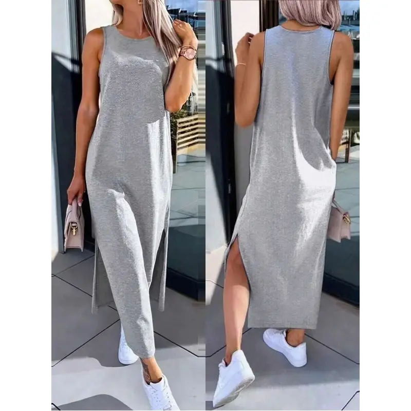 Women's Ready-to-Wear Light Gray Round Neck Sleeveless Polyester Knitted Long Tank Dress - Elastic Soft Fabric, Elegant Side Slit, Slim Flattering Silhouette, Dry Clean Required, Versatile for Summer Leisure, Outdoor Dating, Casual, Fit, Splitting, Long L