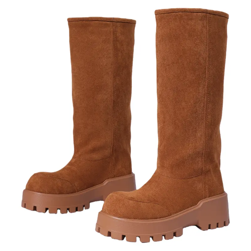 Women's Elegant Suede-Like Upper Mid-Calf Winter Boots, Insulated Snow Footwear with Warm Lamb Fur Lining, Chunky Platform Sole, Round Toe Leather Shoe
