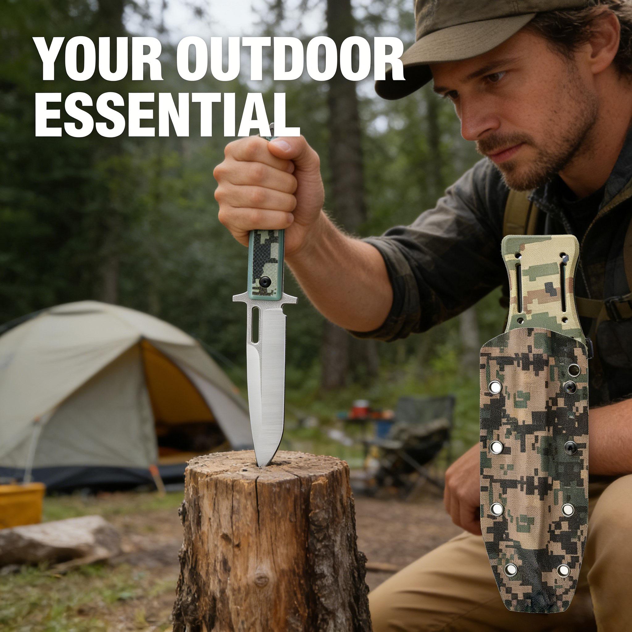 Full Tang Fixed Blade Survival Knife with Camo Sheath, Tactical Hunting Knife for Camping Hiking EDC, Outdoor Utility Knife for Men, Durable Camping Gear with Easy Carry