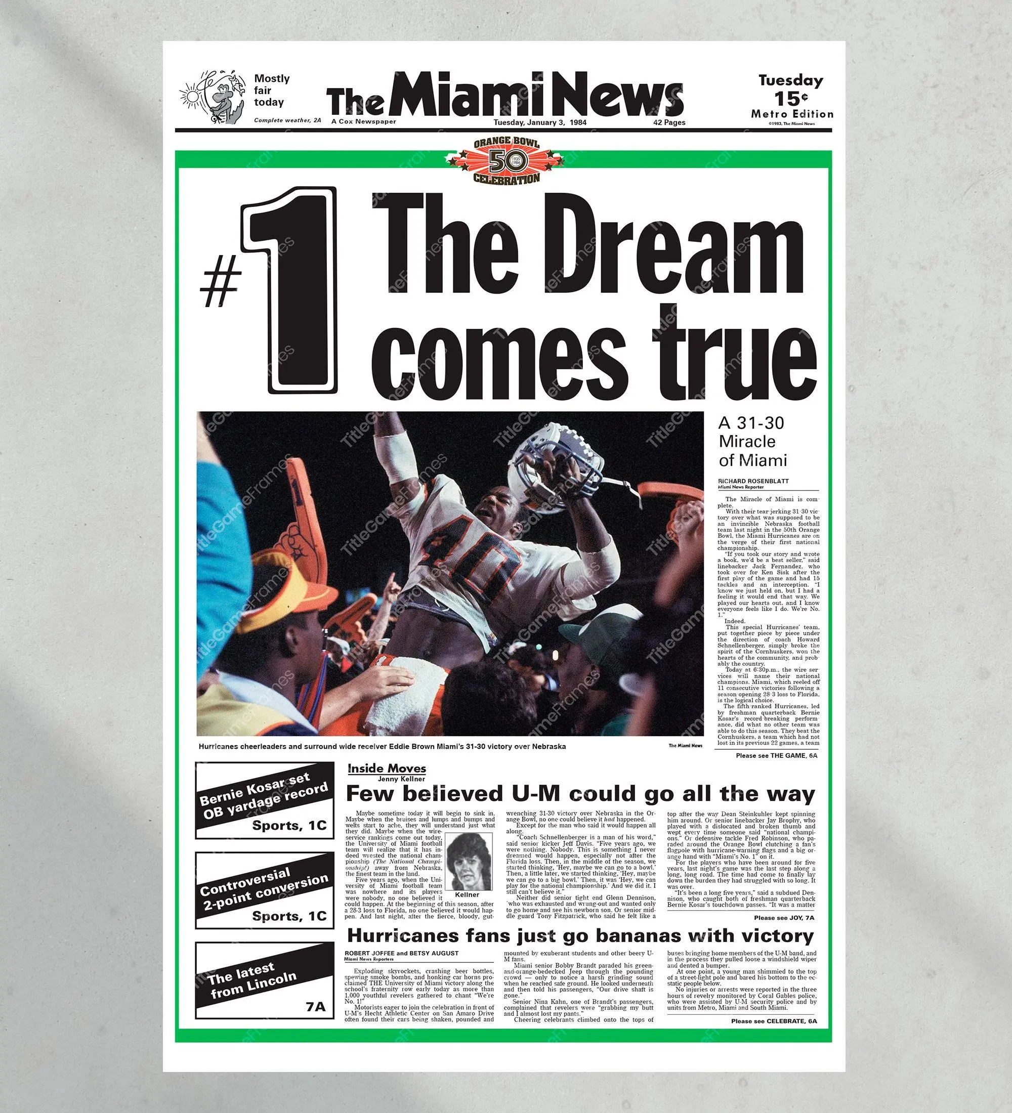 1983 Miami Hurricanes: '#1 The Dream Comes True' National Champions Unframed Poster